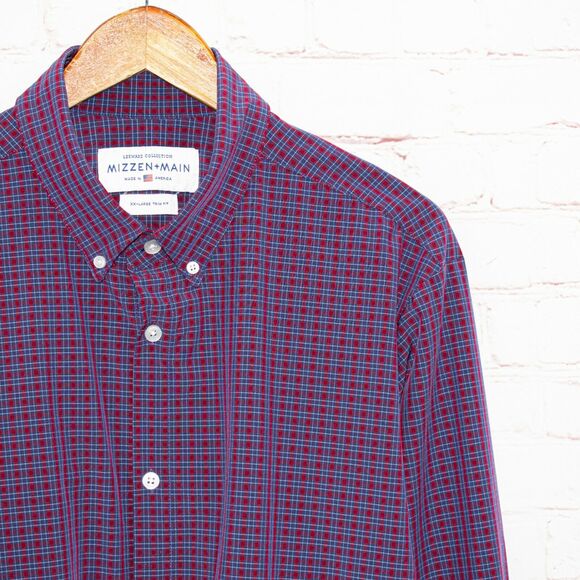 MIZZEN + MAIN Trim Fit Button up Shirt Blue Red Check Men's Size 2XL - Picture 2 of 7
